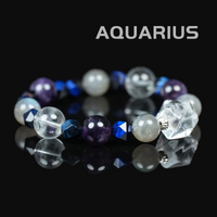 Flat lay of Aquarius zodiac bracelet featuring amethyst, labradorite, clear quartz, and faceted blue crystals on black reflective background.