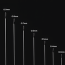This image displays a vertical lineup of beading needles in various sizes, each clearly labeled from 0.3 mm to 0.9 mm. It highlights the needle's slender build and size diversity for different threading needs.