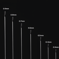 This image displays a vertical lineup of beading needles in various sizes, each clearly labeled from 0.3 mm to 0.9 mm. It highlights the needle's slender build and size diversity for different threading needs.