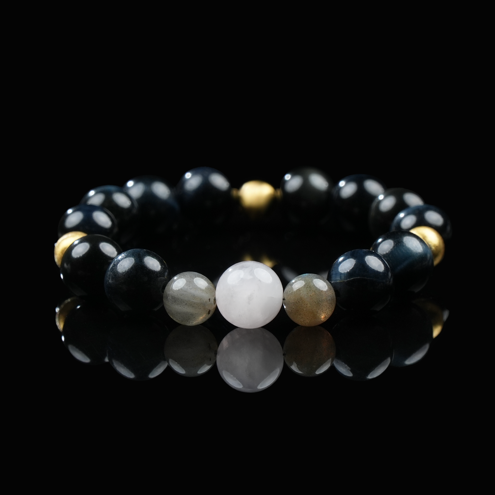Blue Tiger’s Eye, Gray Moonstone & Clear Quartz Bracelet – Intuition, Grounding & Clarity