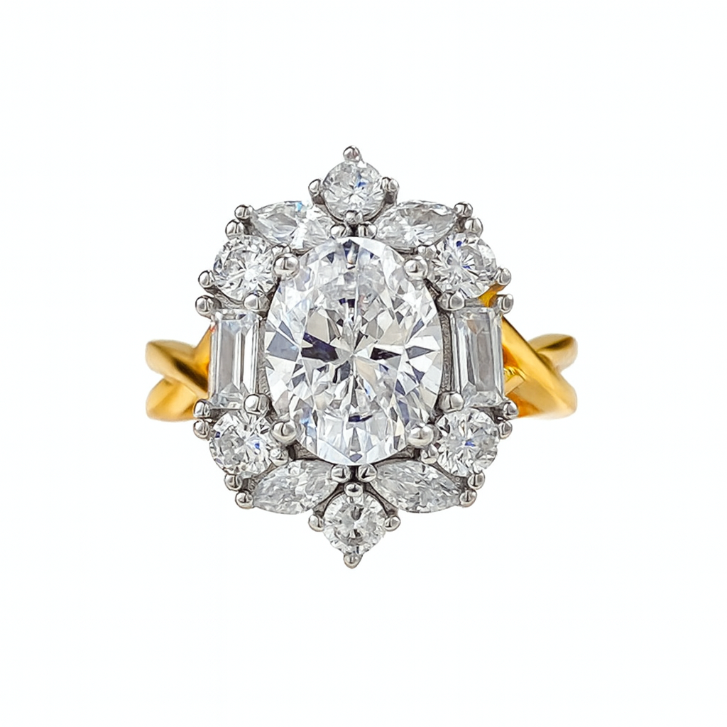 S925 Vintage Style Moissanite Ring – Gold Band with Radiant Cluster Setting