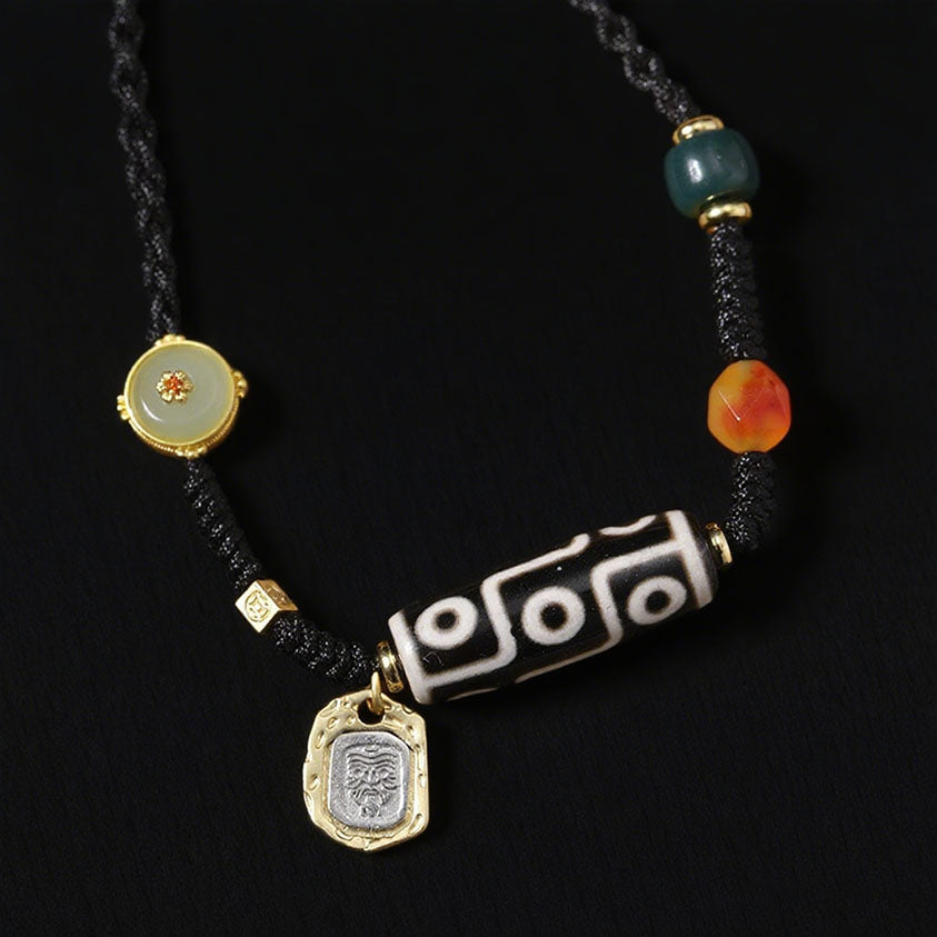 Tibetan Vintage 9-Eye Dzi Agate Necklace with Gold Accents – Handcrafted Ethnic Amulet Choker