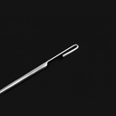 A close-up image showing the tip and eye of a fine stainless steel beading needle. The eye is elongated and slightly flexible, designed for easy threading of thin elastic or nylon threads.