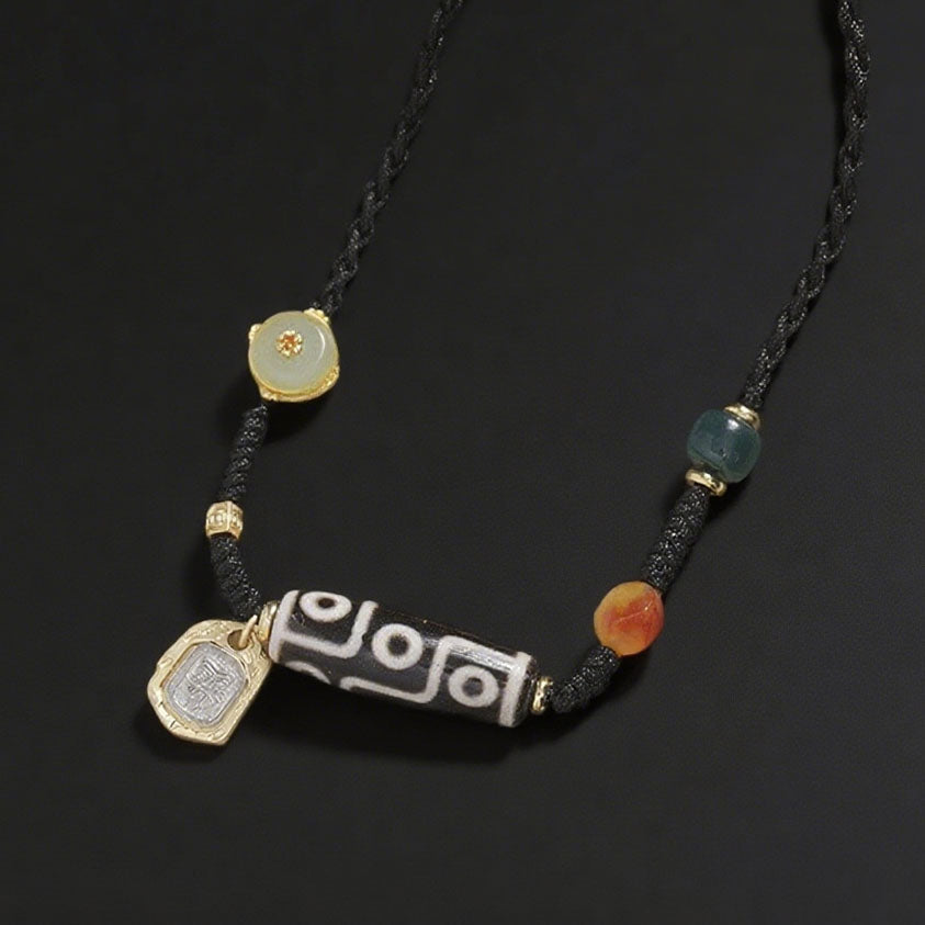 Tibetan Vintage 9-Eye Dzi Agate Necklace with Gold Accents – Handcrafted Ethnic Amulet Choker
