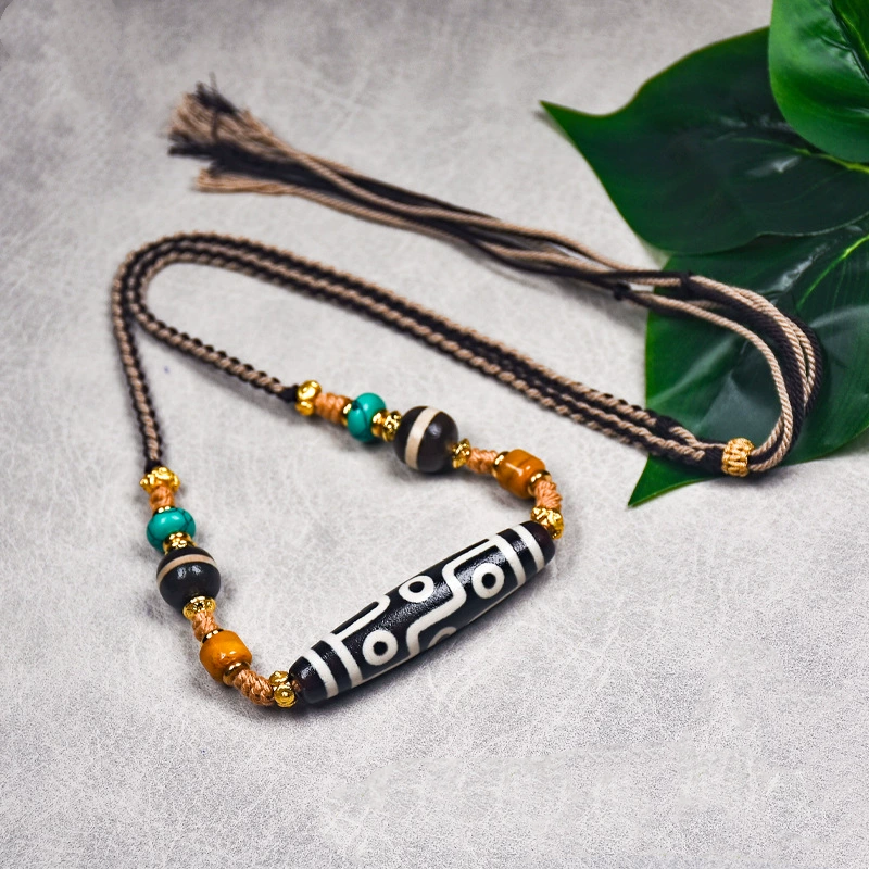 Genuine Tibetan Agate Nine-Eye Dzi Bead Necklace – Vintage Patina Design