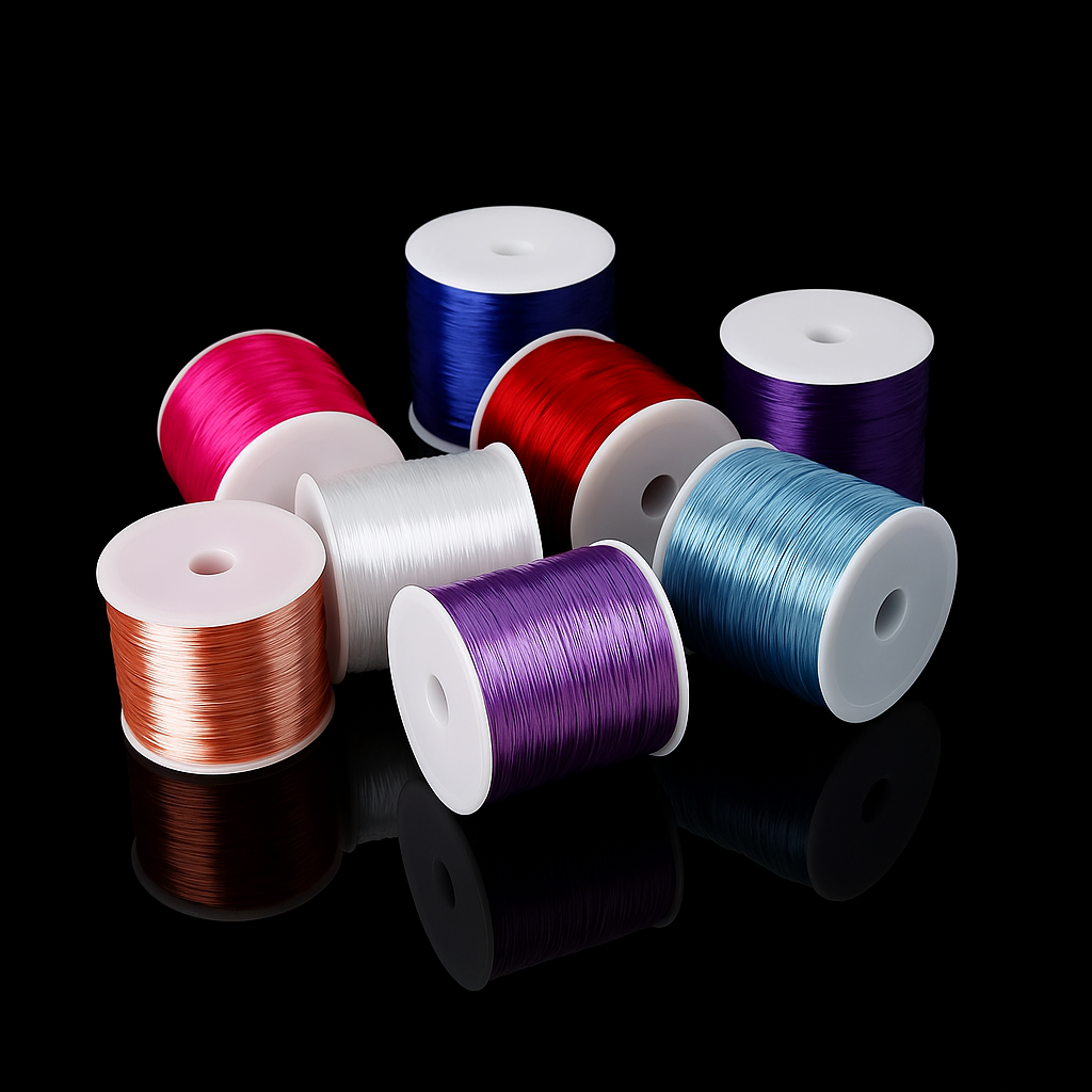 A group of colorful flat elastic thread spools in various shades including red, purple, white, blue, and copper. These are perfect for adding style and coordination to different jewelry or craft designs.
