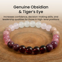 Bracelet styled on wooden surface with overlay text, featuring garnet and quartz beads, designed to support self-love, leadership, and emotional grounding.