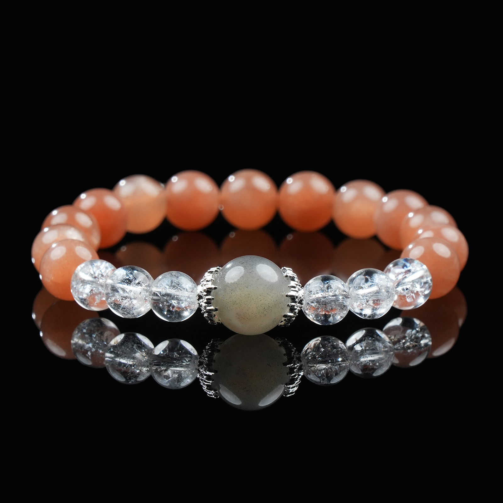 Gray Moonstone, Orange Moonstone & Clear Quartz Bracelet – Balance, Clarity & Feminine Energy