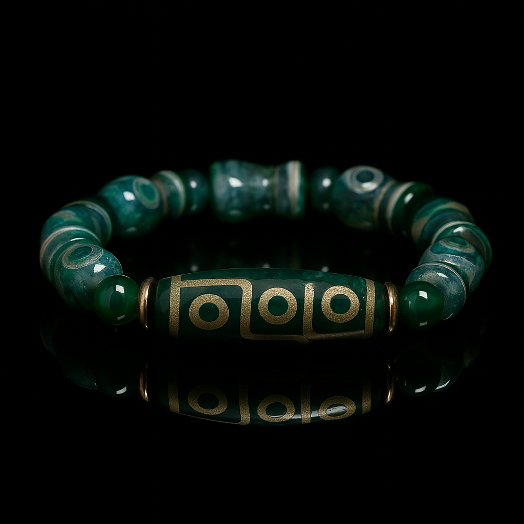 Tibetan 9-Eye Dzi Bead Bracelet – Green Treasure Vase Agate with Multi-Pattern Beads