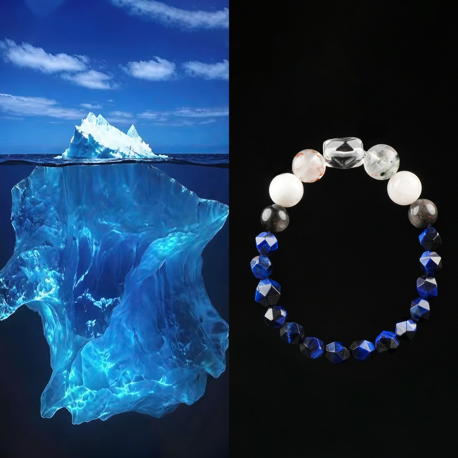 A striking split-image showing a vast iceberg floating above the sea on the left, and a glacier-inspired crystal bracelet featuring clear quartz, included quartz, snow phantom, silver obsidian, and lapis lazuli on the right—both evoking depth, clarity, and hidden strength.
