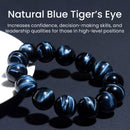 Beaded bracelet placed in bright light on black tabletop beside product text overlay, emphasizing attributes like confidence, clarity, and assertiveness.