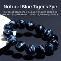 Beaded bracelet placed in bright light on black tabletop beside product text overlay, emphasizing attributes like confidence, clarity, and assertiveness.