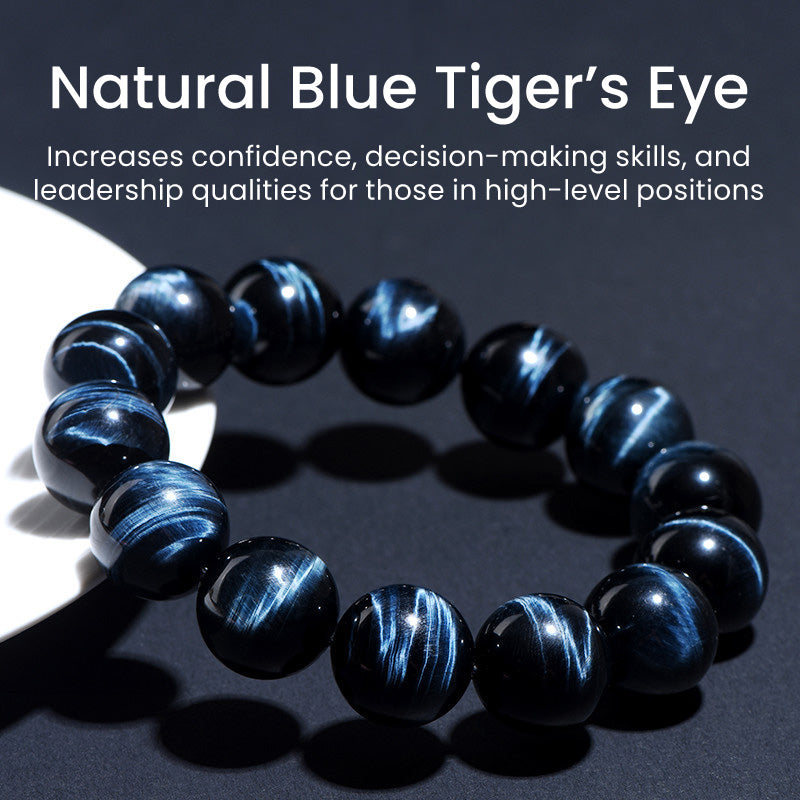 Beaded bracelet placed in bright light on black tabletop beside product text overlay, emphasizing attributes like confidence, clarity, and assertiveness.