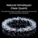 A clear quartz bracelet placed against a black background with descriptive text about its aura cleansing benefits.