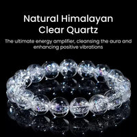 A clear quartz bracelet placed against a black background with descriptive text about its aura cleansing benefits.