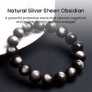 A silver sheen obsidian bracelet on a white plate with descriptive text, showing its grounding and protective properties.
