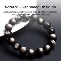 A silver sheen obsidian bracelet on a white plate with descriptive text, showing its grounding and protective properties.