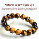 A yellow tiger eye bracelet on a white background with promotional text emphasizing confidence and leadership.