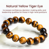 A yellow tiger eye bracelet on a white background with promotional text emphasizing confidence and leadership.