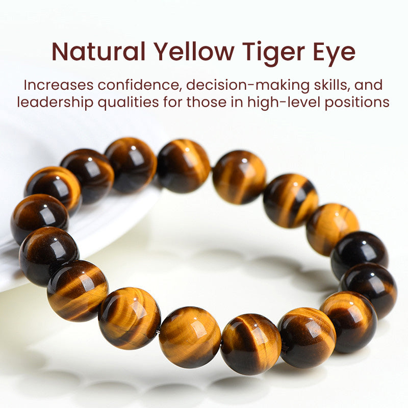 A yellow tiger eye bracelet on a white background with promotional text emphasizing confidence and leadership.