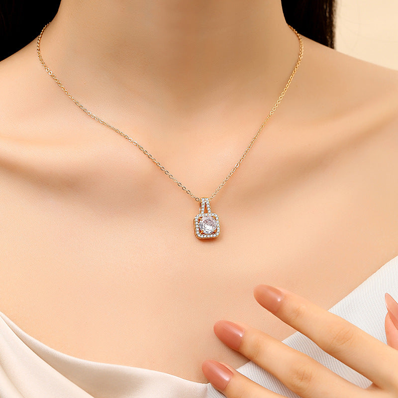 Geometric Sugar Cube Necklace – French INS Style Zircon Pendant
