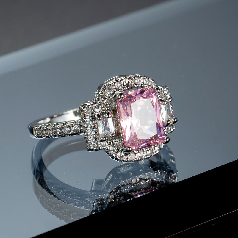 S925 Square Pink Moissanite Ring – Ultra Sparkle Pavé Design