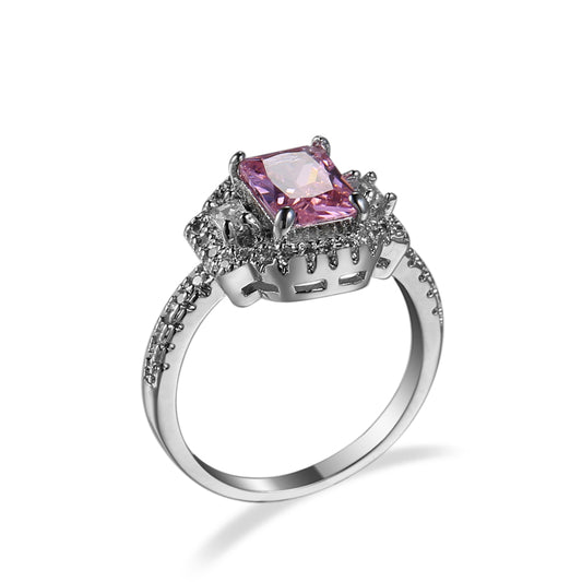S925 Square Pink Moissanite Ring – Ultra Sparkle Pavé Design
