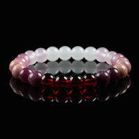 Close-up of a gemstone bracelet with vibrant red garnet, pink strawberry quartz, and soft rose quartz beads, symbolizing love, passion, and emotional wellness.