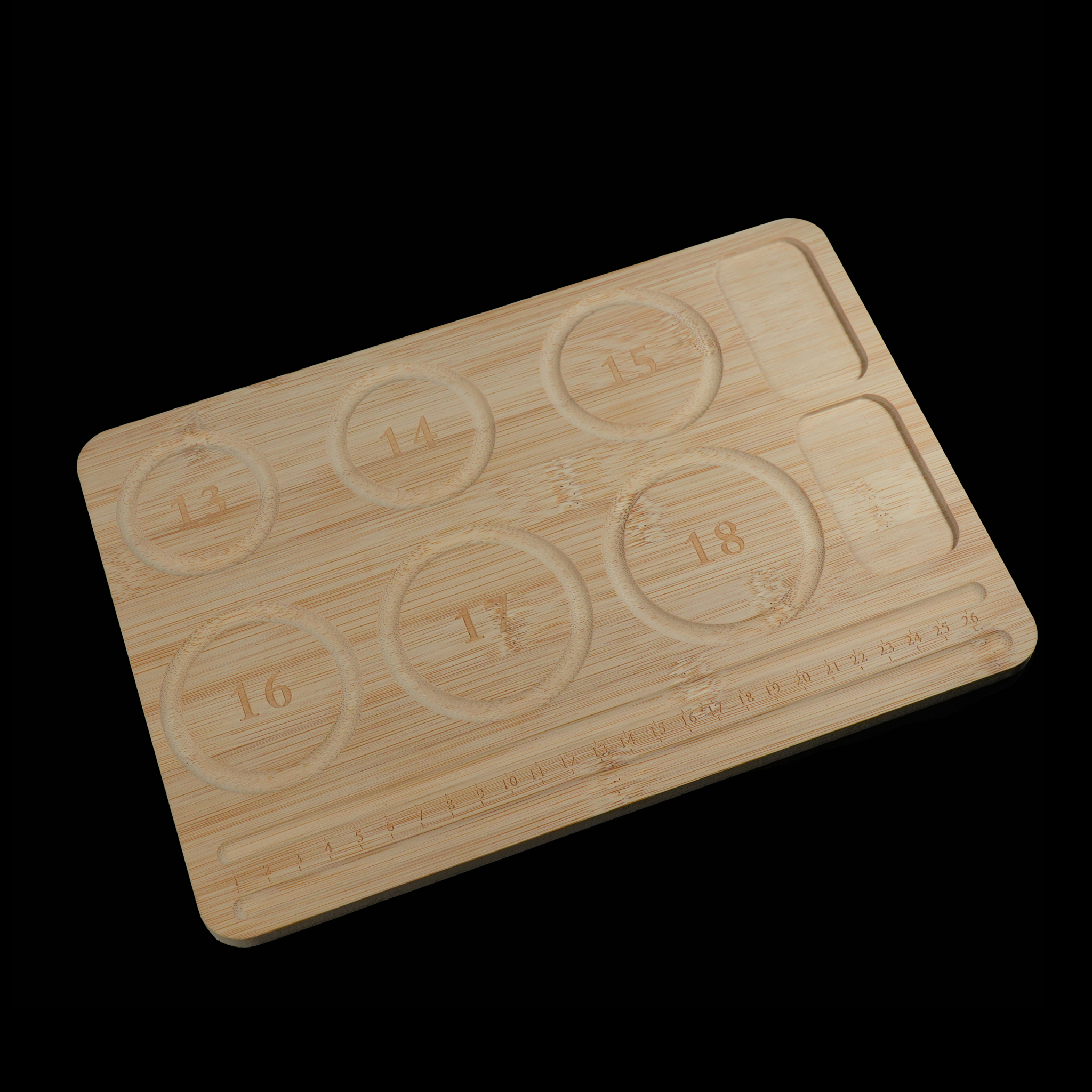 Side profile highlighting the slim, durable bamboo construction. The tray is lightweight yet sturdy, designed for bead sorting, sizing, and arrangement.