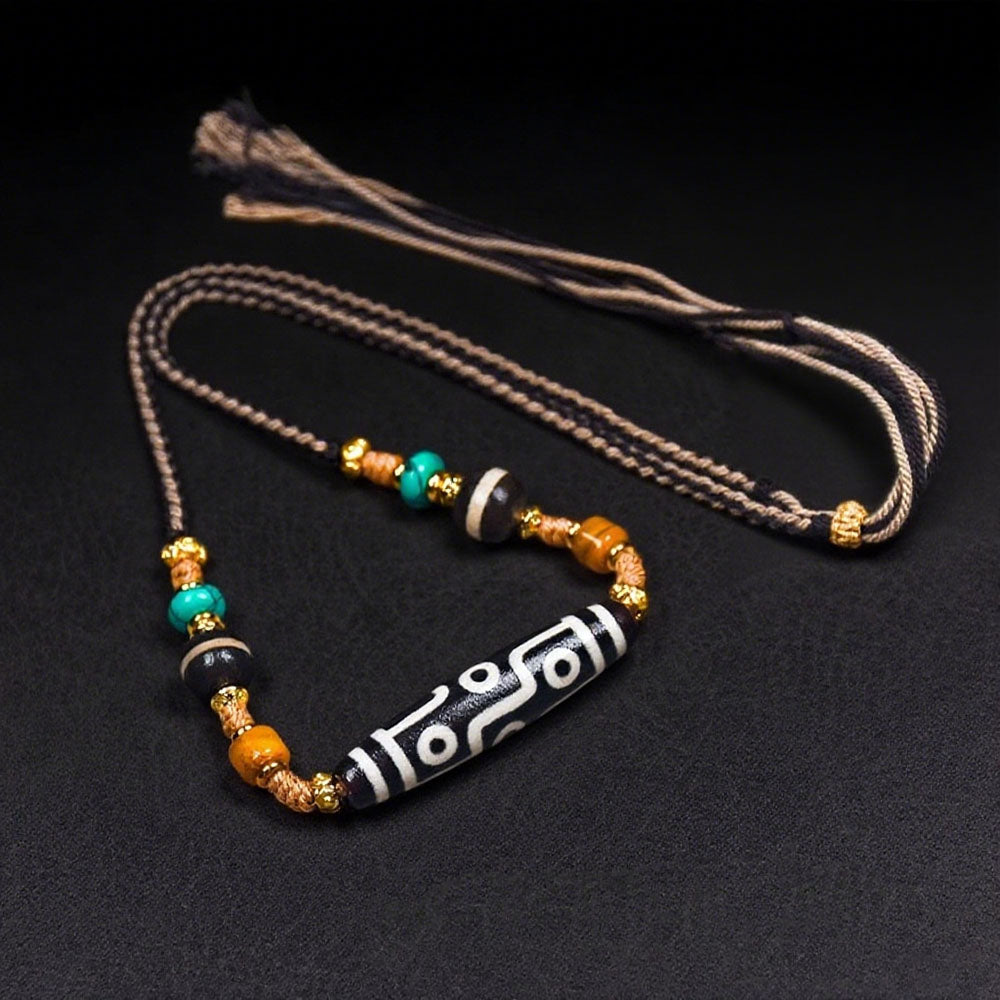 Genuine Tibetan Agate Nine-Eye Dzi Bead Necklace – Vintage Patina Design