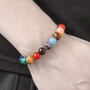 A person wearing the galaxy bracelet on the wrist, displaying the alignment of polished planet-like beads.