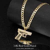 Holylegend 14K Real Gold-Plated Gun Pendant Necklace with AAAA CZ Diamonds, Streetwear Cuban and Rope Chain Jewelry, Bling Accessories Gift for Him, Men's Iced Out Hip Hop Chain