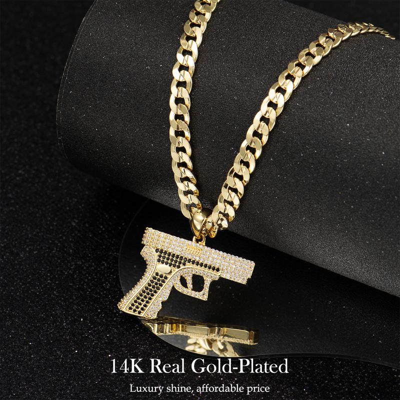 Holylegend 14K Real Gold-Plated Gun Pendant Necklace with AAAA CZ Diamonds, Streetwear Cuban and Rope Chain Jewelry, Bling Accessories Gift for Him, Men's Iced Out Hip Hop Chain