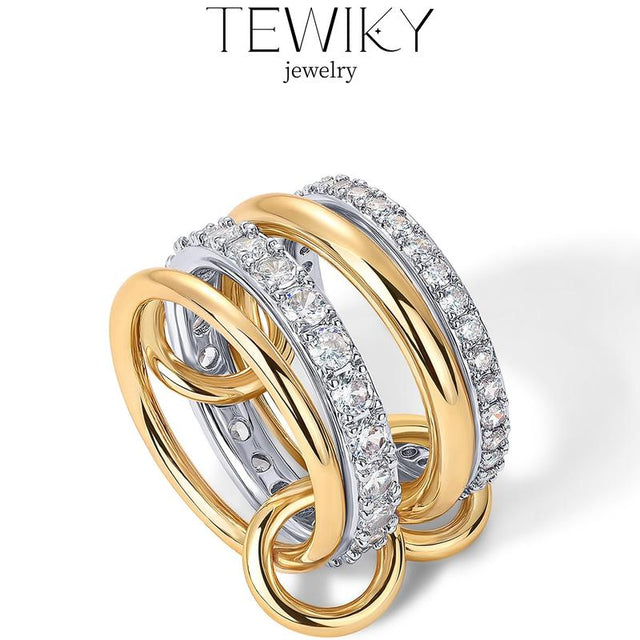 Tewiky Gold  Interlocked Stackable Rings for Women - Statement Multi Ring Mixed Metals Stack - Cubic Zirconia Two-Toned Stacking Jewelry
