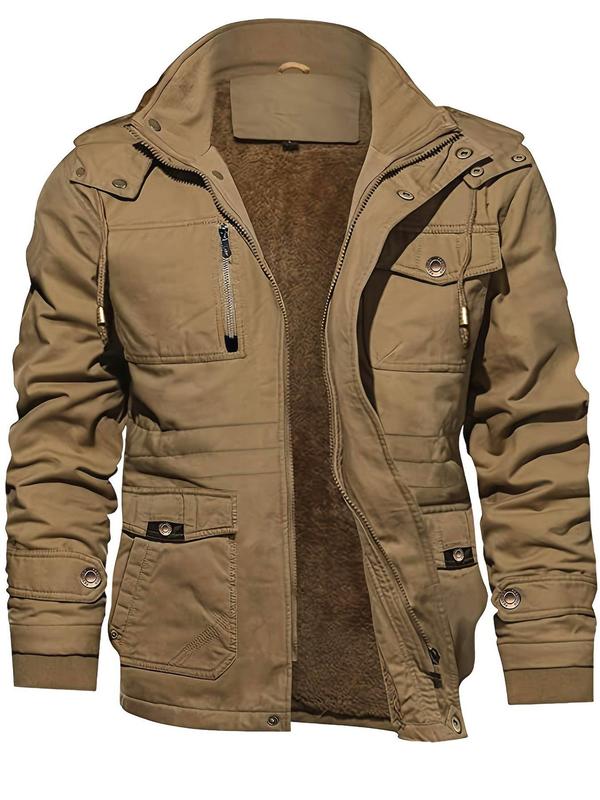 Men's Solid Pocket Zipper Detachable Hood Design Jacket, Regular Fit Casual Long Sleeve Button Hooded Outerwear for Fall & Winter, Men's Clothes for Daily Wear