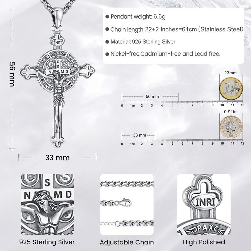 DRINSPER Saint Benedict Cross Necklace 925 Sterling Silver San Benito Pendant Necklace, Pardon Crucifix Necklace, Religious Jewelry for Men Women