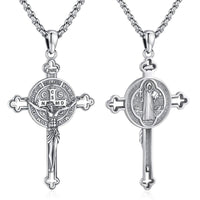 DRINSPER Saint Benedict Cross Necklace 925 Sterling Silver San Benito Pendant Necklace, Pardon Crucifix Necklace, Religious Jewelry for Men Women