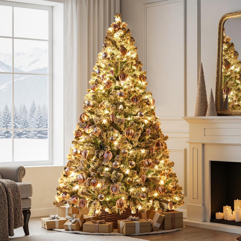 【Led Light】Yaheetech Pre-lit Artificial Christmas Tree with Incandescent Warm White Lights, Snow Flocked Full Prelighted Xmas Tree Foldable Stand Decor Decoration Ornaments