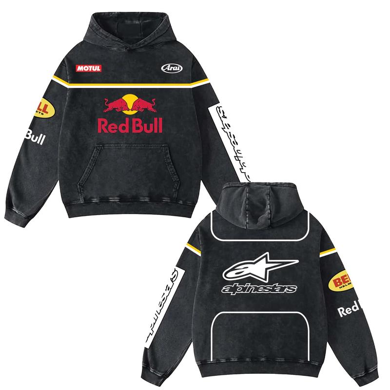 Retro Red Alpinestars Racing Washed Hoodie MotoGP World Champion Enthusiast Apparel Streetwear Akrapovic Shoei Helmet Racing Team Super Motorsports Clothing Riders Motocross Off-Road Dirt Bike Fan Gear Cotton For Moto Fan