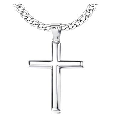 925 Sterling Silver Cross Necklace for Men Women, 5mm 316L Stainless Steel Diamond-Cut Durable Figaro Link Chain or Cuban Link Curb Chain for Men, Mens Silver Crucifix Cross Pendant Necklaces Jewelry 16-30 Inches