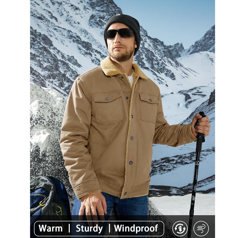MAGCOMSEN Men's Winter Jacket Sherpa Lined Jacket Warm Trucker Coat Multi Pocket Casual Collared Menswear Tops Cotton Fleece Long Sleeve