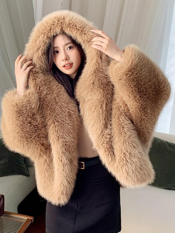 Women's Solid Color Hooded Faux Fur Coat, Casual Long Sleeve Thermal Outerwear for Fall & Winter, Women's Clothing for Daily Wear, Womenswear