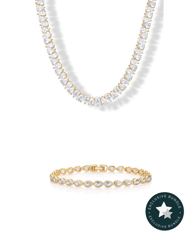 PAVOI 14K Gold Plated Tennis Jewelry Set for Women – 18" Pear-Cut Simulated Diamond Tennis Necklace & Bezel Set Pear Cubic Zirconia Tennis Bracelet - Trendy Gold Jewelry - TikTok Exclusive Bundle