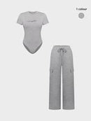 Women's Shortsleeve Bodysuit & Drawstring Waist Pants Set, Fitted Casual Style Round Neck Snap Bodysuit & Pocket Trousers, Minimalist Clothes for All Seasons, Y2k Statement Outfits Set, Womenswear, Basic Casual Matching Yoga Clothes Set