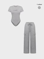 Women's Shortsleeve Bodysuit & Drawstring Waist Pants Set, Fitted Casual Style Round Neck Snap Bodysuit & Pocket Trousers, Minimalist Clothes for All Seasons, Y2k Statement Outfits Set, Womenswear, Basic Casual Matching Yoga Clothes Set
