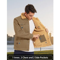 MAGCOMSEN Men's Winter Jacket Sherpa Lined Jacket Warm Trucker Coat Multi Pocket Casual Collared Menswear Tops Cotton Fleece Long Sleeve