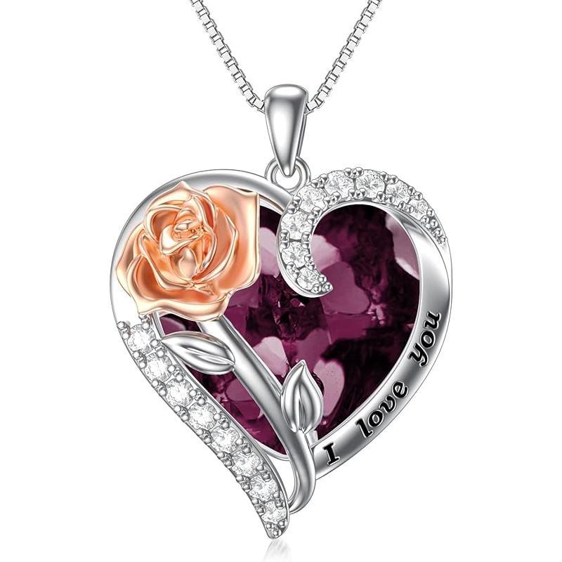 Birthstone Necklace for Women 925 Sterling Silver Rose Flower Heart Crystal Pendant Necklaces I Love You Jewelry Birthday Christmas Gifts for Women Her Girlfriend