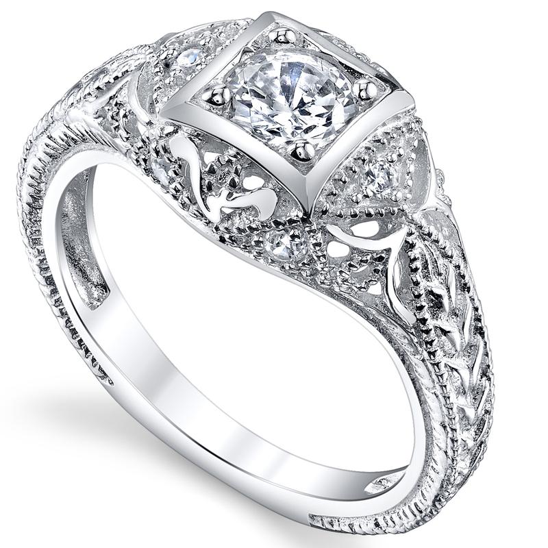 Women's Carved Sterling Silver Vintage Cubic Zirconia BridalEngagement Ring Sizes 5-9