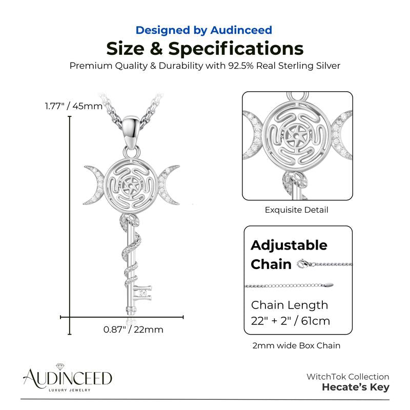 Audinceed Hecate's Key S925 Sterling Silver Moonstone Necklace, Witchtok Collection, Hekate Triple Moon Goddess Pagan Wiccan Magic Silver Necklace Pendant Protection Blessed Amulet Jewelry Gift for Women Men