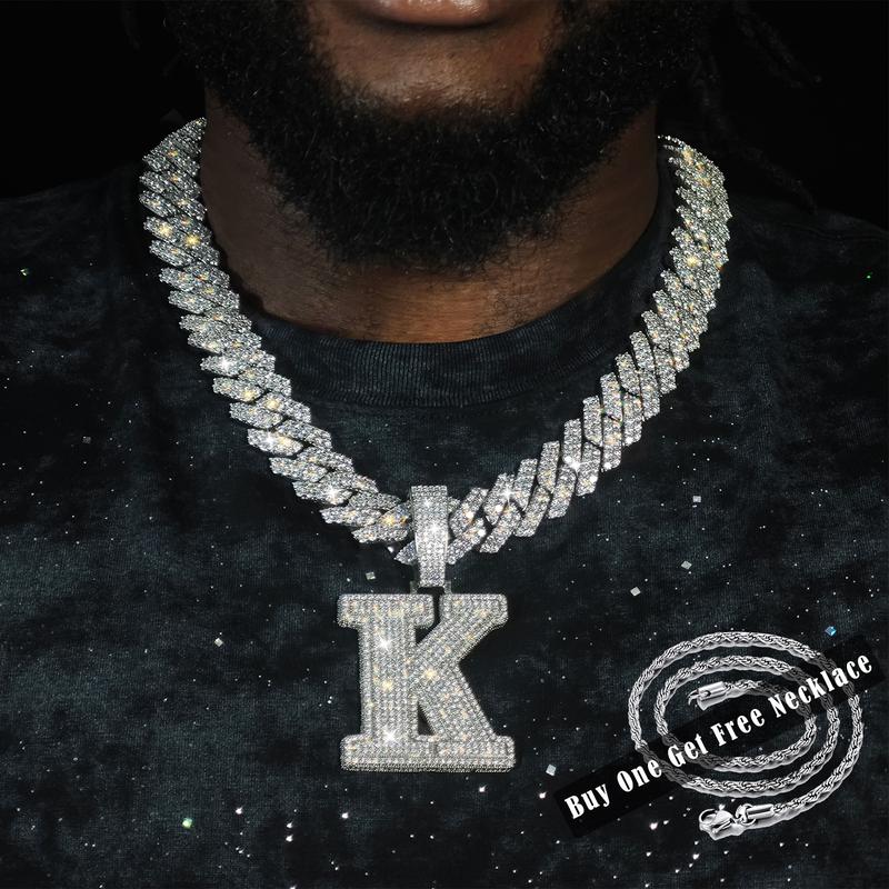[Buy One Get Free Necklace] Delzzad Hip Hop Large Letter Zirconia Alphbet Pendant Birthday Anniversary Mother's Day Gifts for Men Women